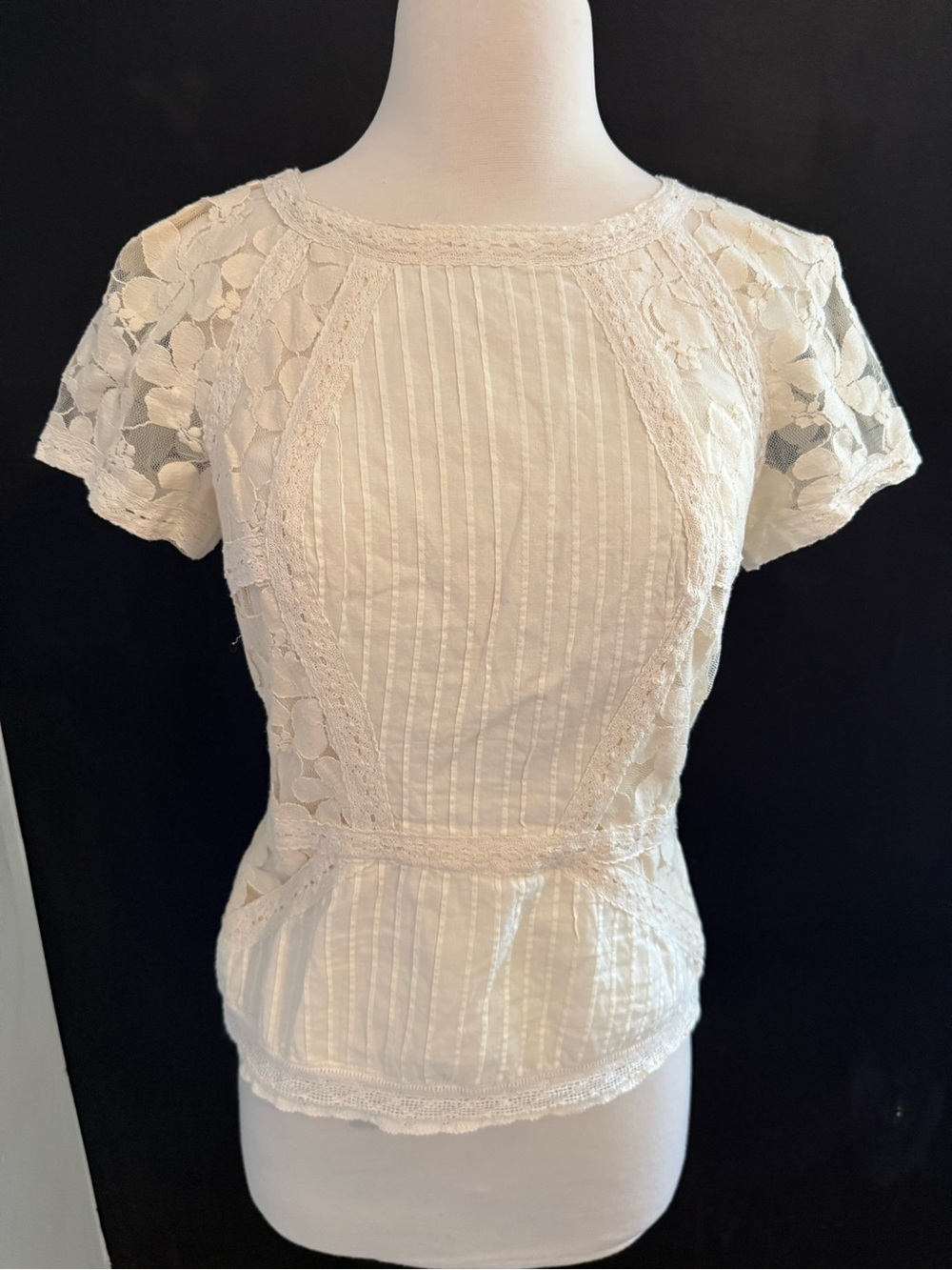 Chelsea & Violet Cream Lace Pintuck Short Sleeve Blouse